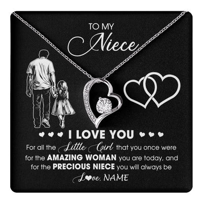 Forever Love Necklace 14K White Gold Finish | 1 | Personalized To My Niece Necklace From Uncle I Love You Little Girl Niece Birthday Graduation Christmas Jewelry Customized Gift Box Message Card | teecentury