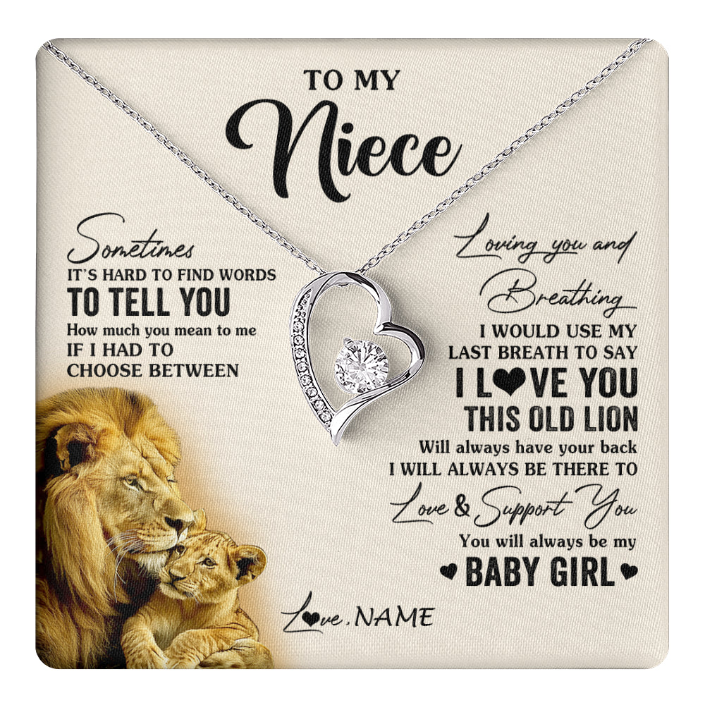Forever Love Necklace 14K White Gold Finish | 1 | Personalized To My Niece Necklace From Uncle I Love You This Old Lion Niece Birthday Graduation Christmas Jewelry Customized Gift Box Message Card | teecentury