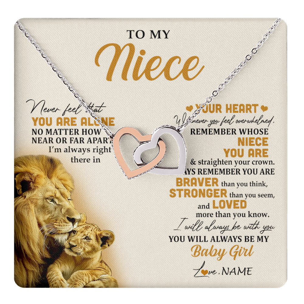 Interlocking Hearts Necklace Stainless Steel & Rose Gold Finish | 1 | Personalized To My Niece Necklace From Uncle Lion Never Feel That You Are Alone Great Niece Pendant Birthday Christmas Customized Gift Box Message Card | teecentury