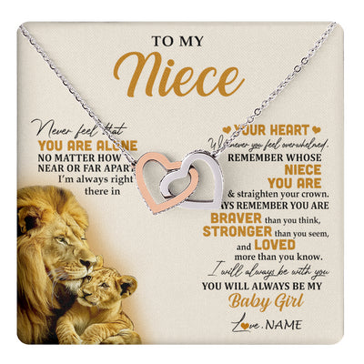 Interlocking Hearts Necklace Stainless Steel & Rose Gold Finish | 1 | Personalized To My Niece Necklace From Uncle Lion Never Feel That You Are Alone Great Niece Pendant Birthday Christmas Customized Gift Box Message Card | teecentury