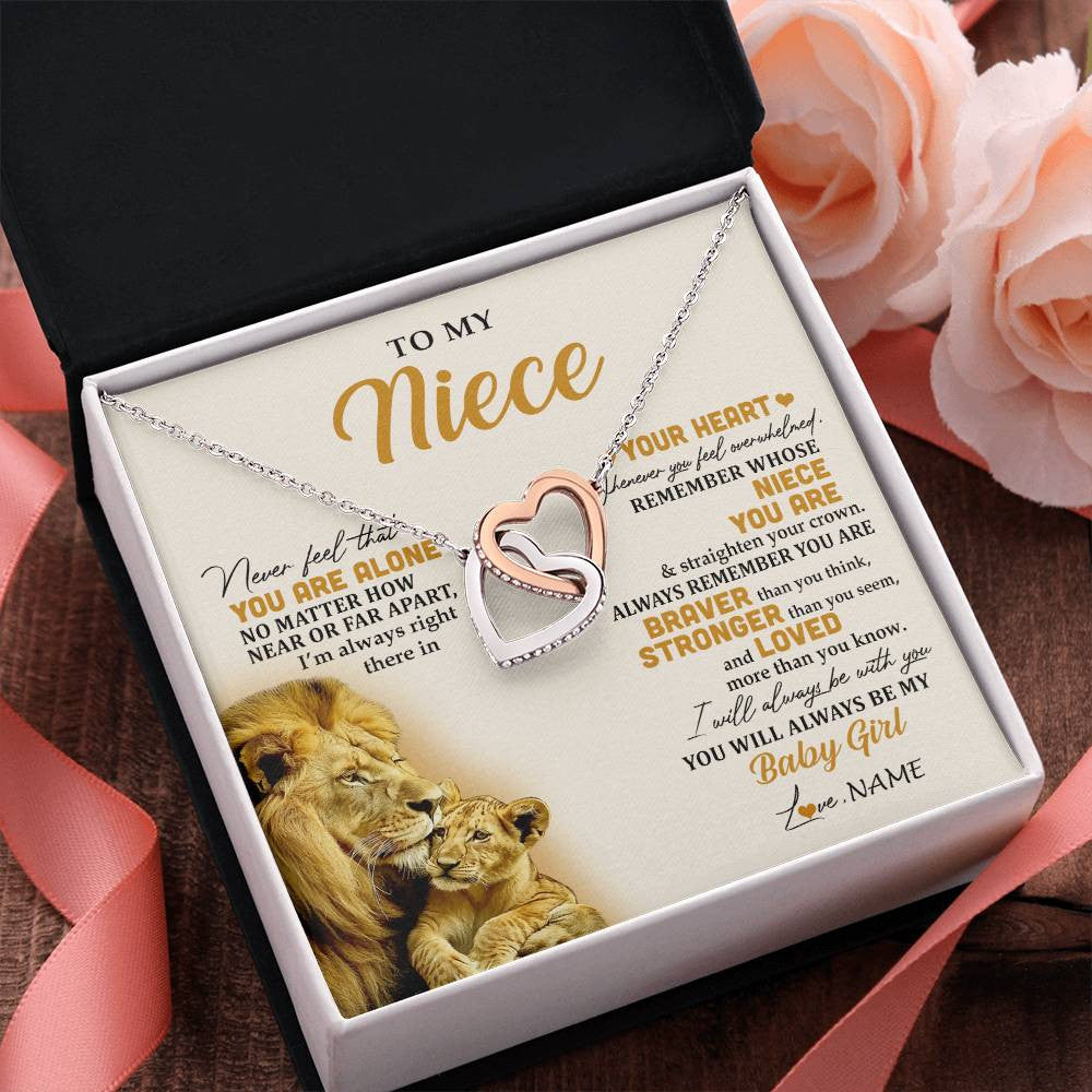 Interlocking Hearts Necklace Stainless Steel & Rose Gold Finish | 2 | Personalized To My Niece Necklace From Uncle Lion Never Feel That You Are Alone Great Niece Pendant Birthday Christmas Customized Gift Box Message Card | teecentury