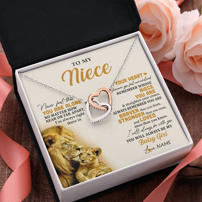 Interlocking Hearts Necklace Stainless Steel & Rose Gold Finish | 2 | Personalized To My Niece Necklace From Uncle Lion Never Feel That You Are Alone Great Niece Pendant Birthday Christmas Customized Gift Box Message Card | teecentury
