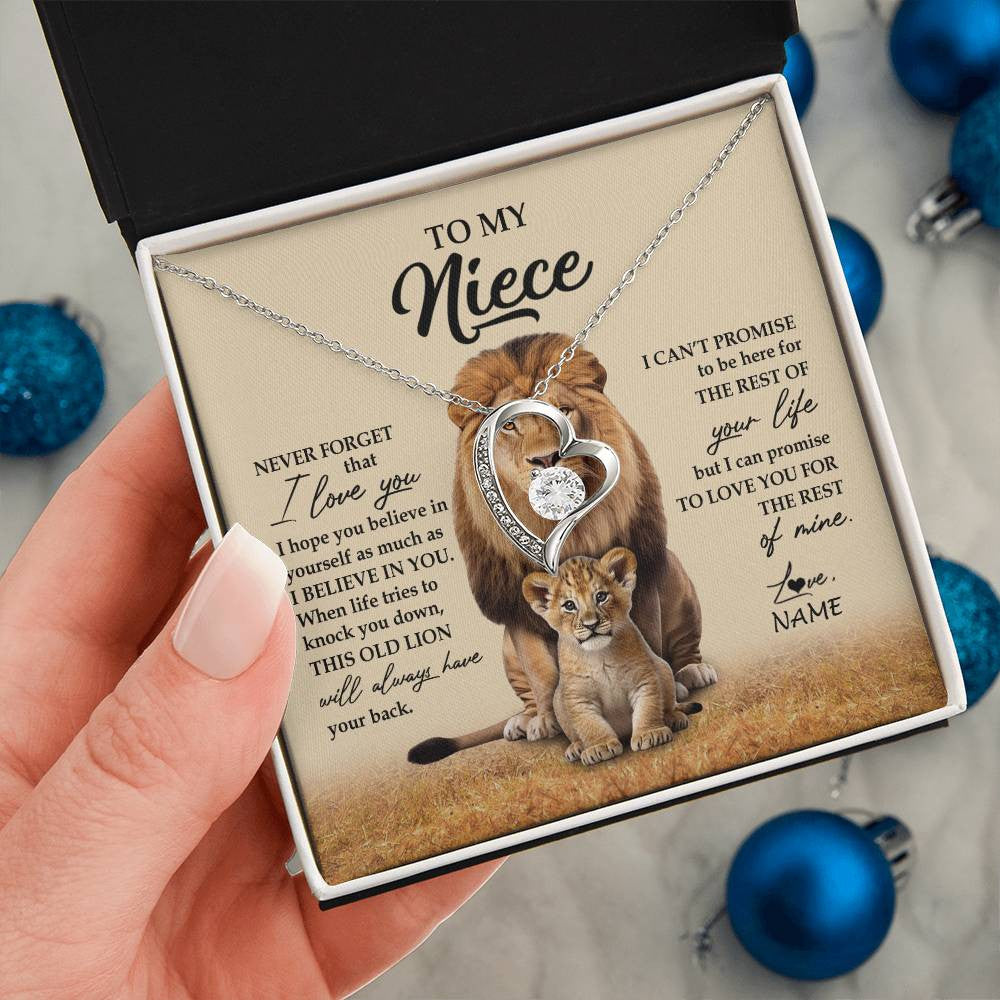 Forever Love Necklace 14K White Gold Finish | 2 | Personalized To My Niece Necklace From Uncle Lion Never Forget That I Love You Niece Jewelry Birthday Graduation Christmas Customized Message Card | teecentury