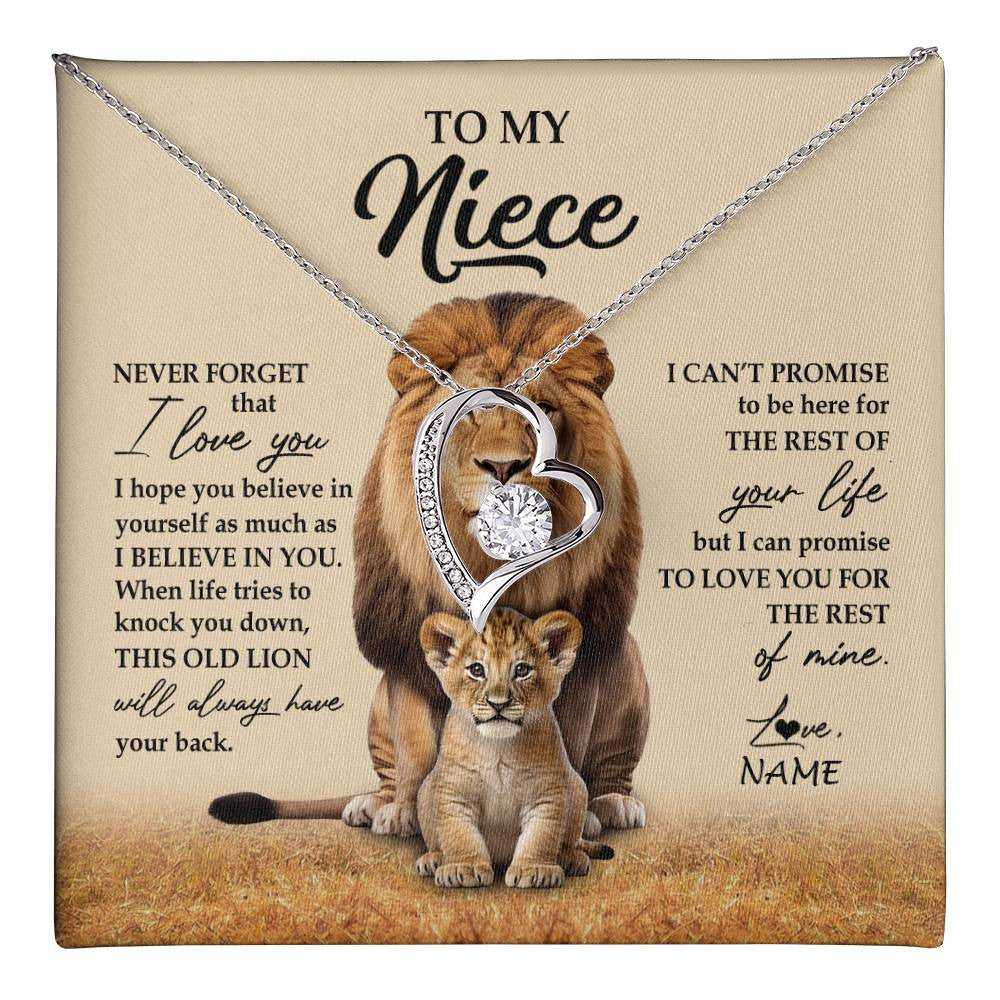 Forever Love Necklace 14K White Gold Finish | 1 | Personalized To My Niece Necklace From Uncle Lion Never Forget That I Love You Niece Jewelry Birthday Graduation Christmas Customized Message Card | teecentury