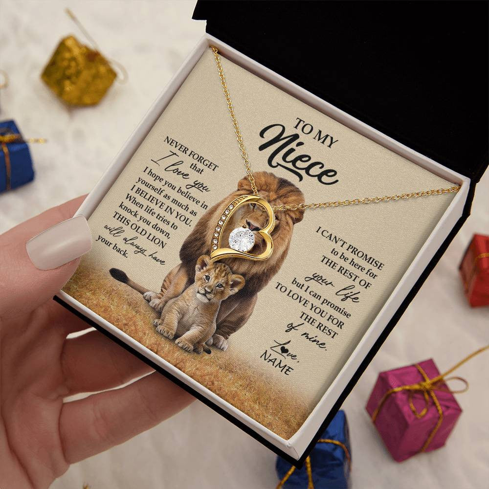 Forever Love Necklace 18K Yellow Gold Finish | 2 | Personalized To My Niece Necklace From Uncle Lion Never Forget That I Love You Niece Jewelry Birthday Graduation Christmas Customized Message Card | teecentury