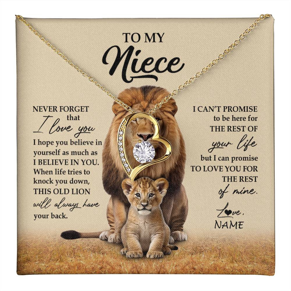 Forever Love Necklace 18K Yellow Gold Finish | 1 | Personalized To My Niece Necklace From Uncle Lion Never Forget That I Love You Niece Jewelry Birthday Graduation Christmas Customized Message Card | teecentury