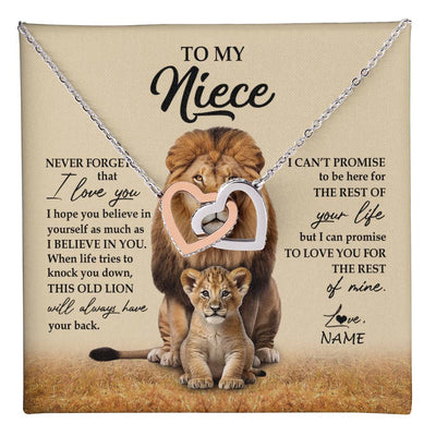 Interlocking Hearts Necklace Stainless Steel & Rose Gold Finish | 1 | Personalized To My Niece Necklace From Uncle Lion Never Forget That I Love You Niece Jewelry Birthday Graduation Christmas Customized Message Card | teecentury