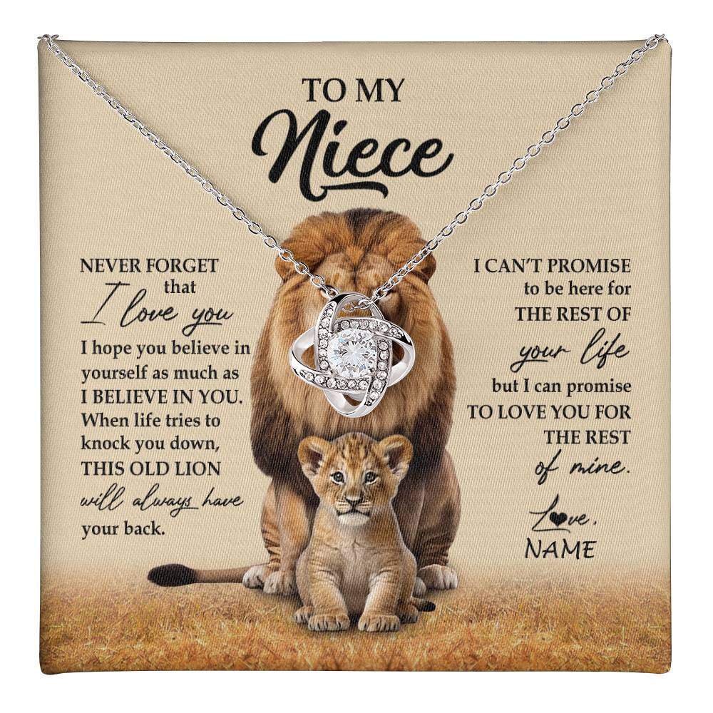 Love Knot Necklace 14K White Gold Finish | 1 | Personalized To My Niece Necklace From Uncle Lion Never Forget That I Love You Niece Jewelry Birthday Graduation Christmas Customized Message Card | teecentury