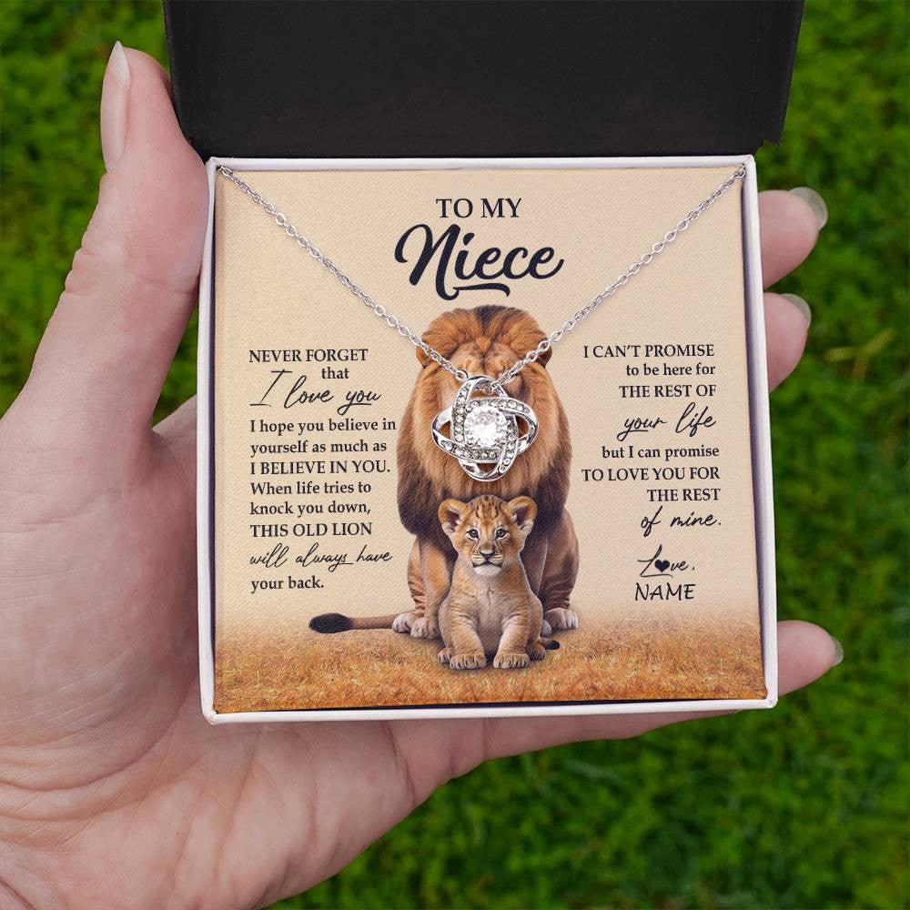 Love Knot Necklace 14K White Gold Finish | 2 | Personalized To My Niece Necklace From Uncle Lion Never Forget That I Love You Niece Jewelry Birthday Graduation Christmas Customized Message Card | teecentury