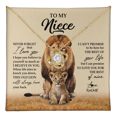 Love Knot Necklace 18K Yellow Gold Finish | 1 | Personalized To My Niece Necklace From Uncle Lion Never Forget That I Love You Niece Jewelry Birthday Graduation Christmas Customized Message Card | teecentury