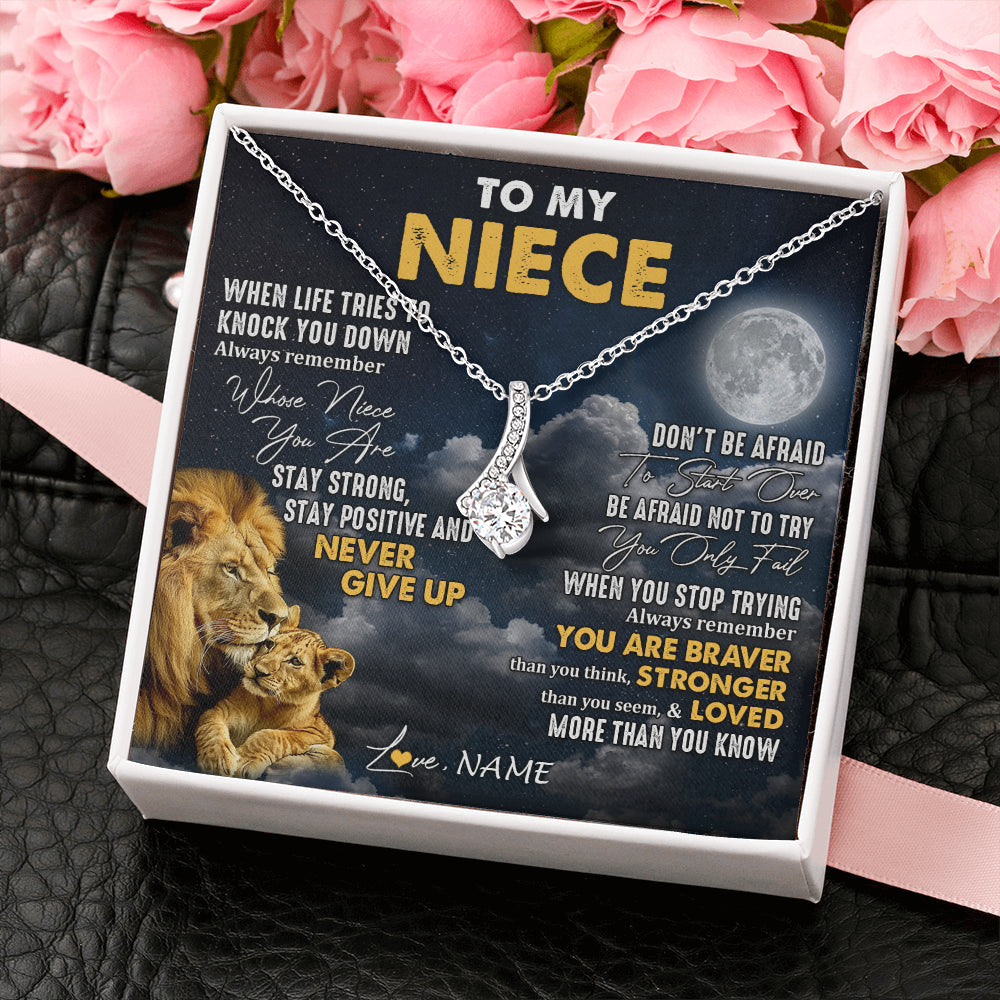 Alluring Beauty Necklace 14K White Gold Finish | 2 | Personalized To My Niece Necklace From Uncle Lion Never Give Up Niece Birthday Graduation Christmas Jewelry Customized Gift Box Message Card | teecentury