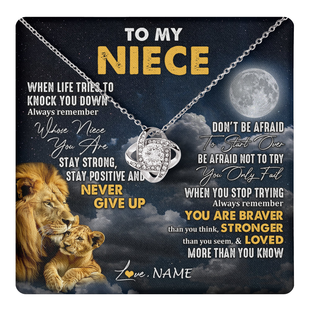 Love Knot Necklace 14K White Gold Finish | 1 | Personalized To My Niece Necklace From Uncle Lion Never Give Up Niece Birthday Graduation Christmas Jewelry Customized Gift Box Message Card | teecentury