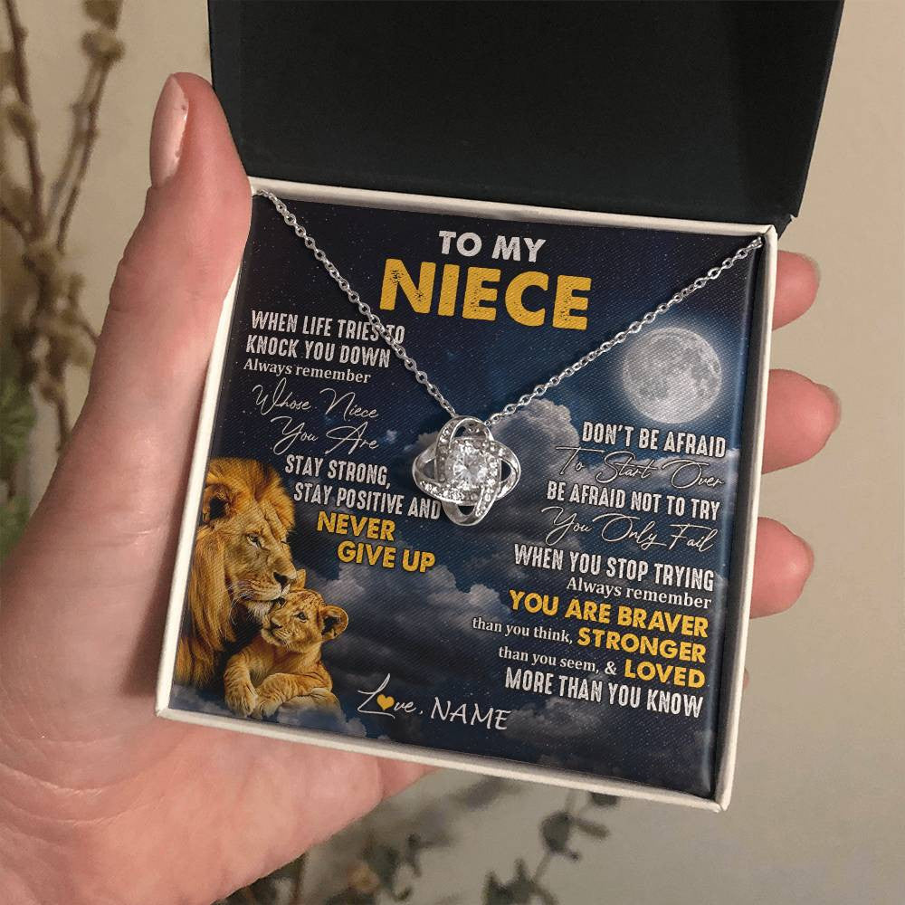 Love Knot Necklace 14K White Gold Finish | 2 | Personalized To My Niece Necklace From Uncle Lion Never Give Up Niece Birthday Graduation Christmas Jewelry Customized Gift Box Message Card | teecentury