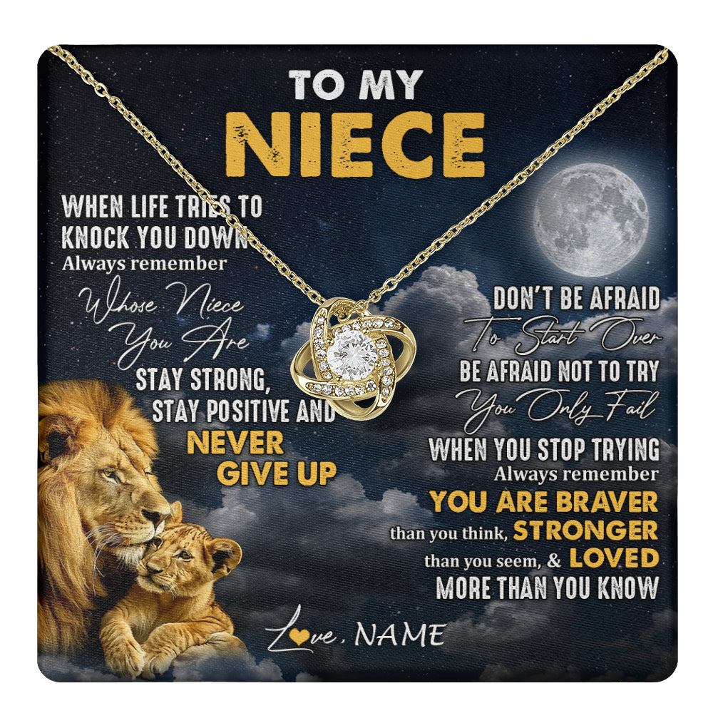 Love Knot Necklace 18K Yellow Gold Finish | 1 | Personalized To My Niece Necklace From Uncle Lion Never Give Up Niece Birthday Graduation Christmas Jewelry Customized Gift Box Message Card | teecentury