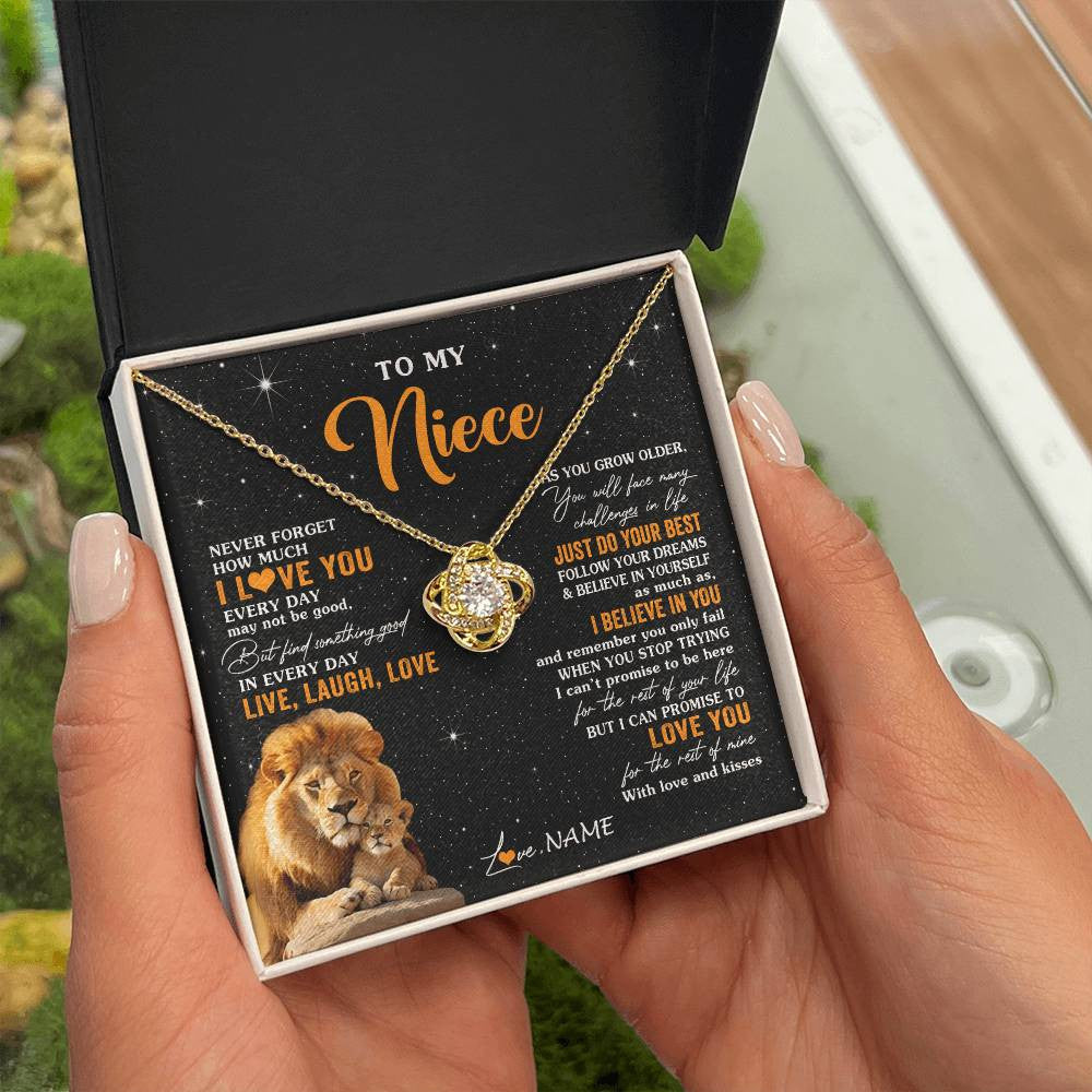 Love Knot Necklace 18K Yellow Gold Finish | 2 | Personalized To My Niece Necklace From Uncle Live Laugh Love Lion Niece Birthday Gifts Positive Graduation Christmas Customized Gift Box Message Card | teecentury