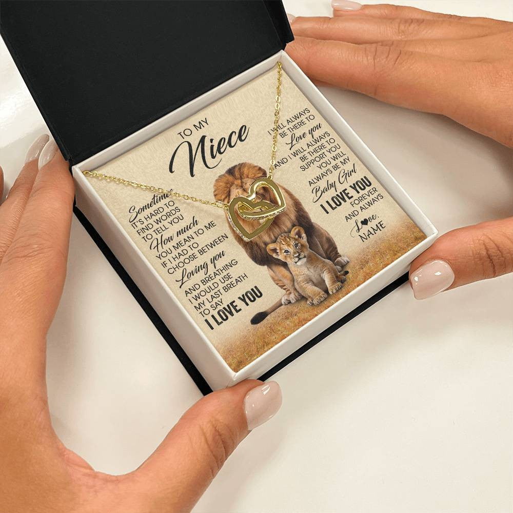 Interlocking Hearts Necklace 18K Yellow Gold Finish | 2 | Personalized To My Niece Necklace From Uncle Sometimes It's Hard Lion Niece Gift Birthday Jewelry Graduation Christmas Customized Gift Box Message Card | teecentury