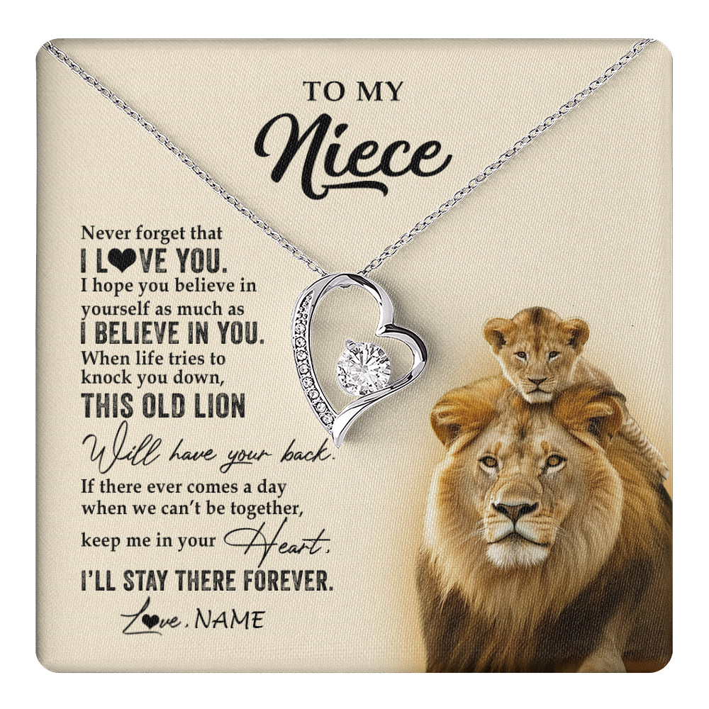Forever Love Necklace 14K White Gold Finish | 1 | Personalized To My Niece Necklace From Uncle This Old Lion Never Forget I Love You Niece Jewelry Birthday Graduation Christmas Customized Gift Box Message Card | teecentury