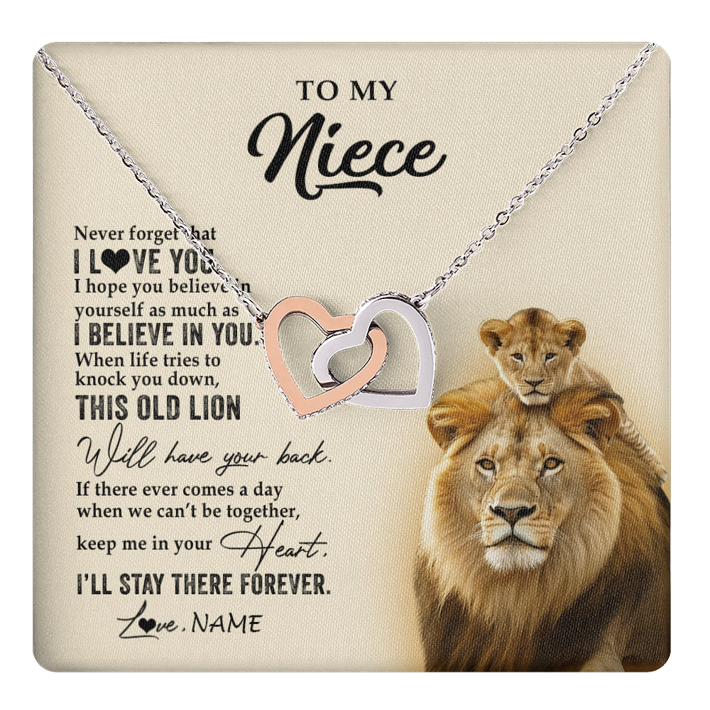 Interlocking Hearts Necklace Stainless Steel & Rose Gold Finish | 1 | Personalized To My Niece Necklace From Uncle This Old Lion Never Forget I Love You Niece Jewelry Birthday Graduation Christmas Customized Gift Box Message Card | teecentury