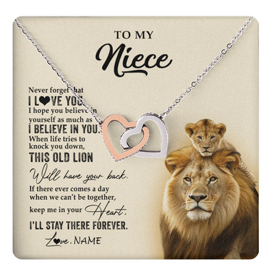 Interlocking Hearts Necklace Stainless Steel & Rose Gold Finish | 1 | Personalized To My Niece Necklace From Uncle This Old Lion Never Forget I Love You Niece Jewelry Birthday Graduation Christmas Customized Gift Box Message Card | teecentury