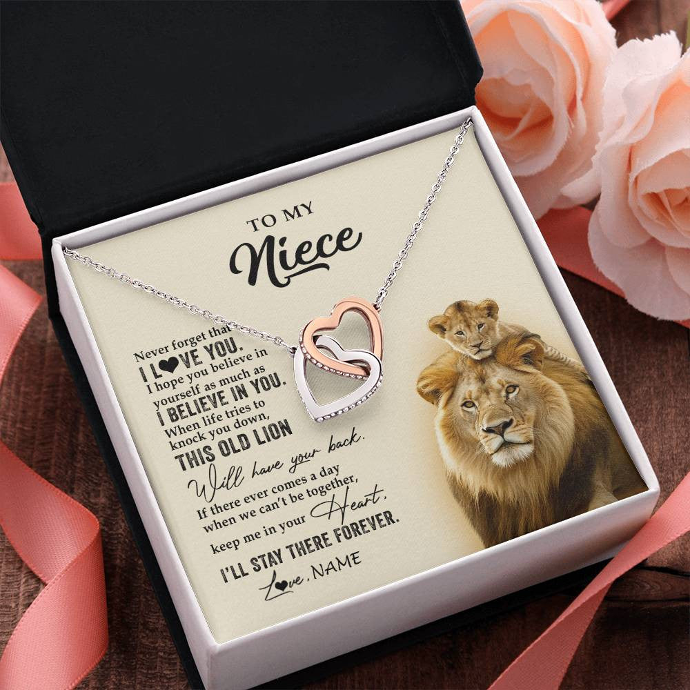 Interlocking Hearts Necklace Stainless Steel & Rose Gold Finish | 2 | Personalized To My Niece Necklace From Uncle This Old Lion Never Forget I Love You Niece Jewelry Birthday Graduation Christmas Customized Gift Box Message Card | teecentury