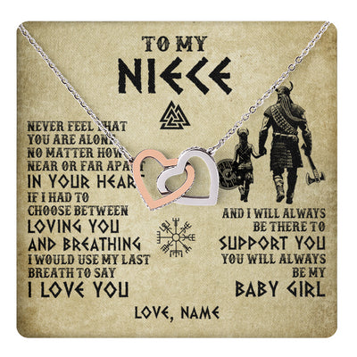 Interlocking Hearts Necklace Stainless Steel & Rose Gold Finish | 1 | Personalized To My Niece Necklace From Uncle Viking Never Feel That You Are Alone Viking Niece Birthday Gifts Jewelry Christmas Gift Box Message Card | teecentury