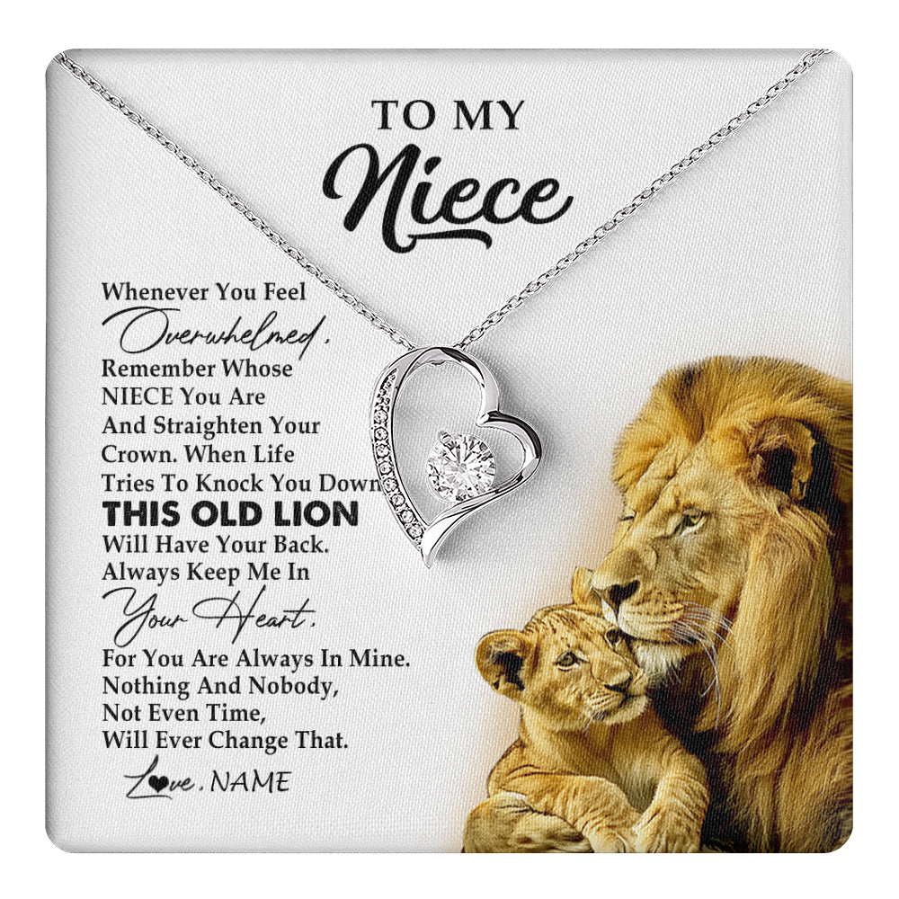 Forever Love Necklace 14K White Gold Finish | 1 | Personalized To My Niece Necklace From Uncle Whenever You Fell Overwhelmed Lion Niece Pendant Birthday Graduation Christmas Customized Gift Box Message Card | teecentury