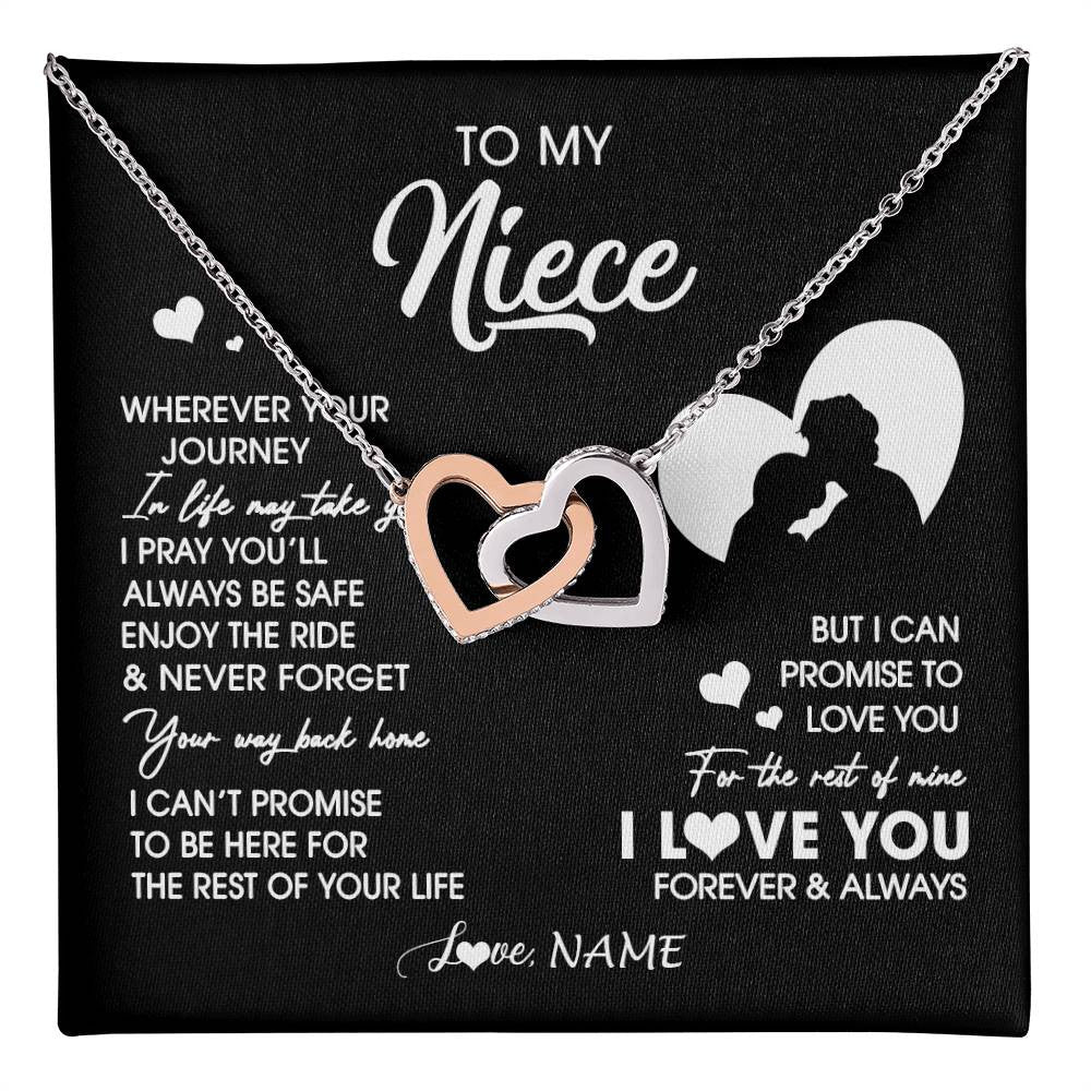 Interlocking Hearts Necklace Stainless Steel & Rose Gold Finish | 1 | Personalized To My Niece Necklace From Uncle Wherever Your Journey Niece Birthday Gifts Jewelry Graduation Christmas Customized Gift Box Message Card | teecentury