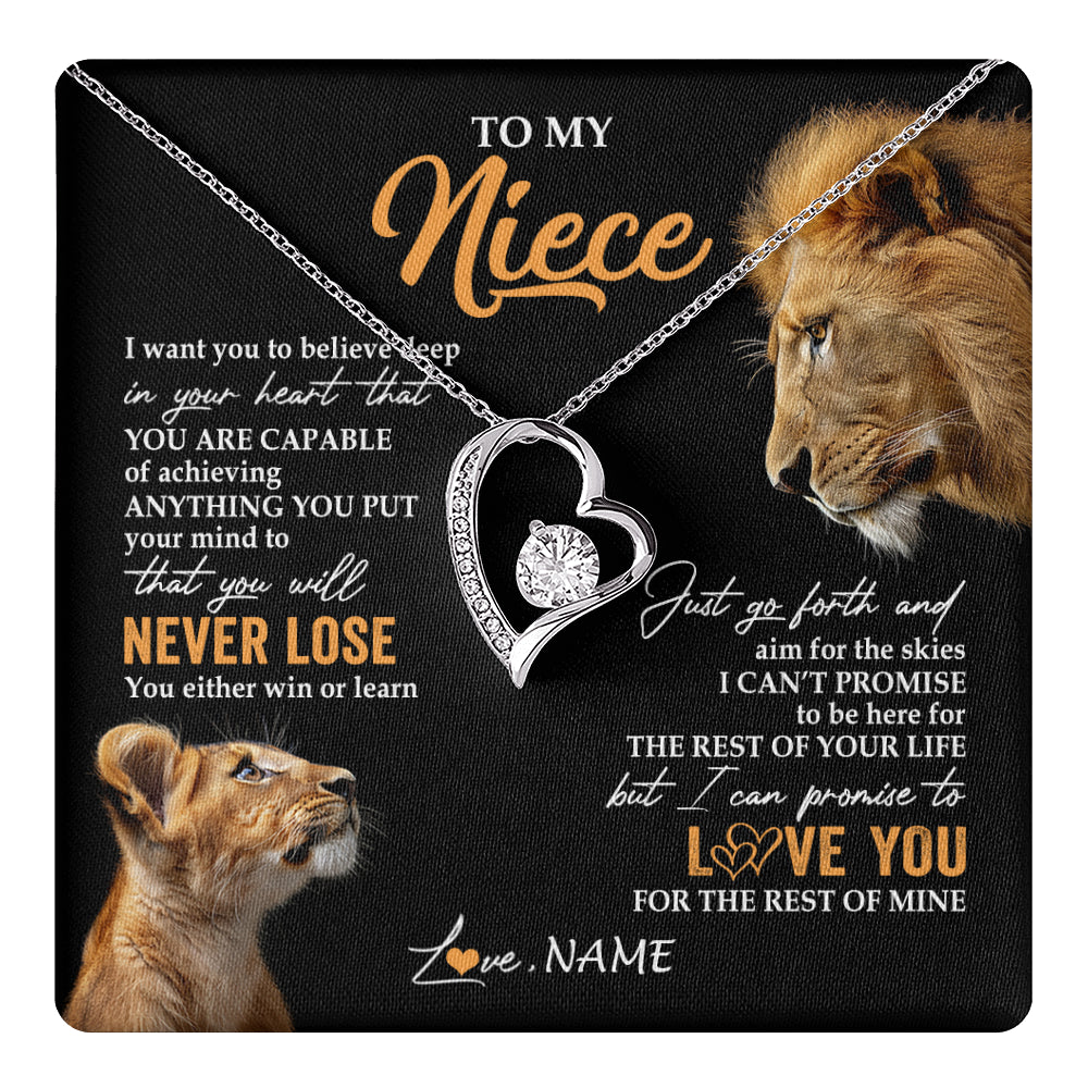 Forever Love Necklace 14K White Gold Finish | 1 | Personalized To My Niece Necklace From Uncle You Will Never Lose Lion Niece Birthday Gifts Graduation Christmas Customized Gift Box Message Card | teecentury