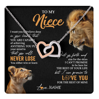 Interlocking Hearts Necklace Stainless Steel & Rose Gold Finish | 1 | Personalized To My Niece Necklace From Uncle You Will Never Lose Lion Niece Birthday Gifts Graduation Christmas Customized Gift Box Message Card | teecentury