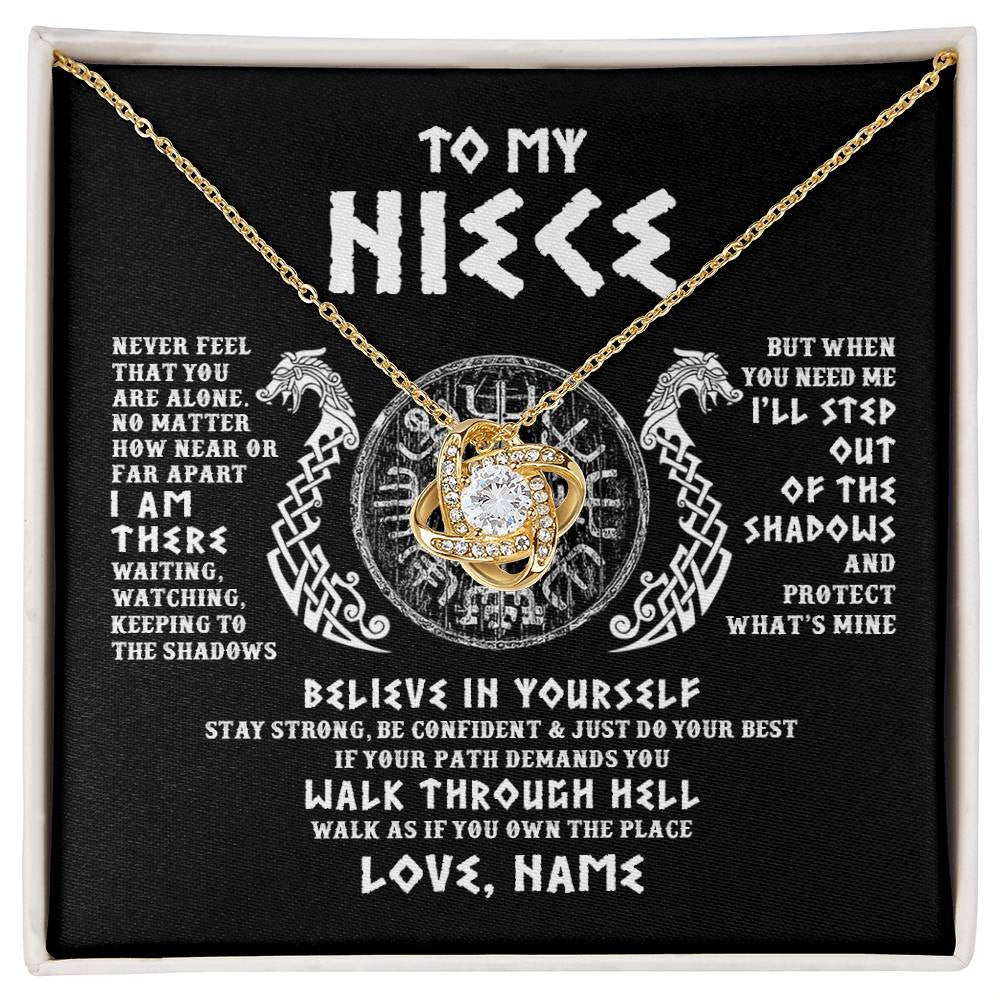 Love Knot Necklace 18K Yellow Gold Finish | 1 | Personalized To My Niece Necklace Viking Never Feel You Are Alone Odin Scandinavian Norse Runes Niece Birthday Christmas Pendant Customized Gift Message Card | teecentury