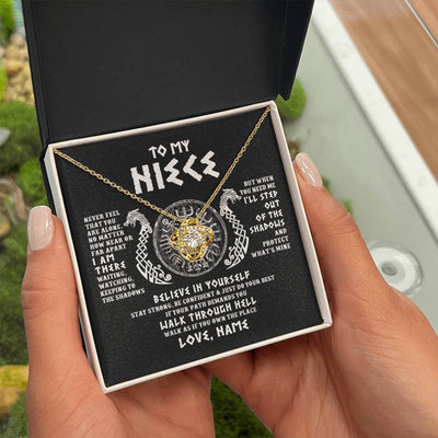 Love Knot Necklace 18K Yellow Gold Finish | 2 | Personalized To My Niece Necklace Viking Never Feel You Are Alone Odin Scandinavian Norse Runes Niece Birthday Christmas Pendant Customized Gift Message Card | teecentury