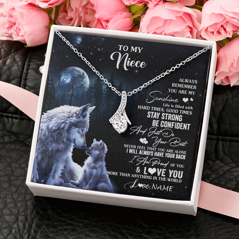 Alluring Beauty Necklace 14K White Gold Finish | 2 | Personalized To My Niece Wolf Necklace From Aunt Uncle Auntie Always Remember Niece Birthday Graduation Christmas Customized Gift Box Message Card | teecentury