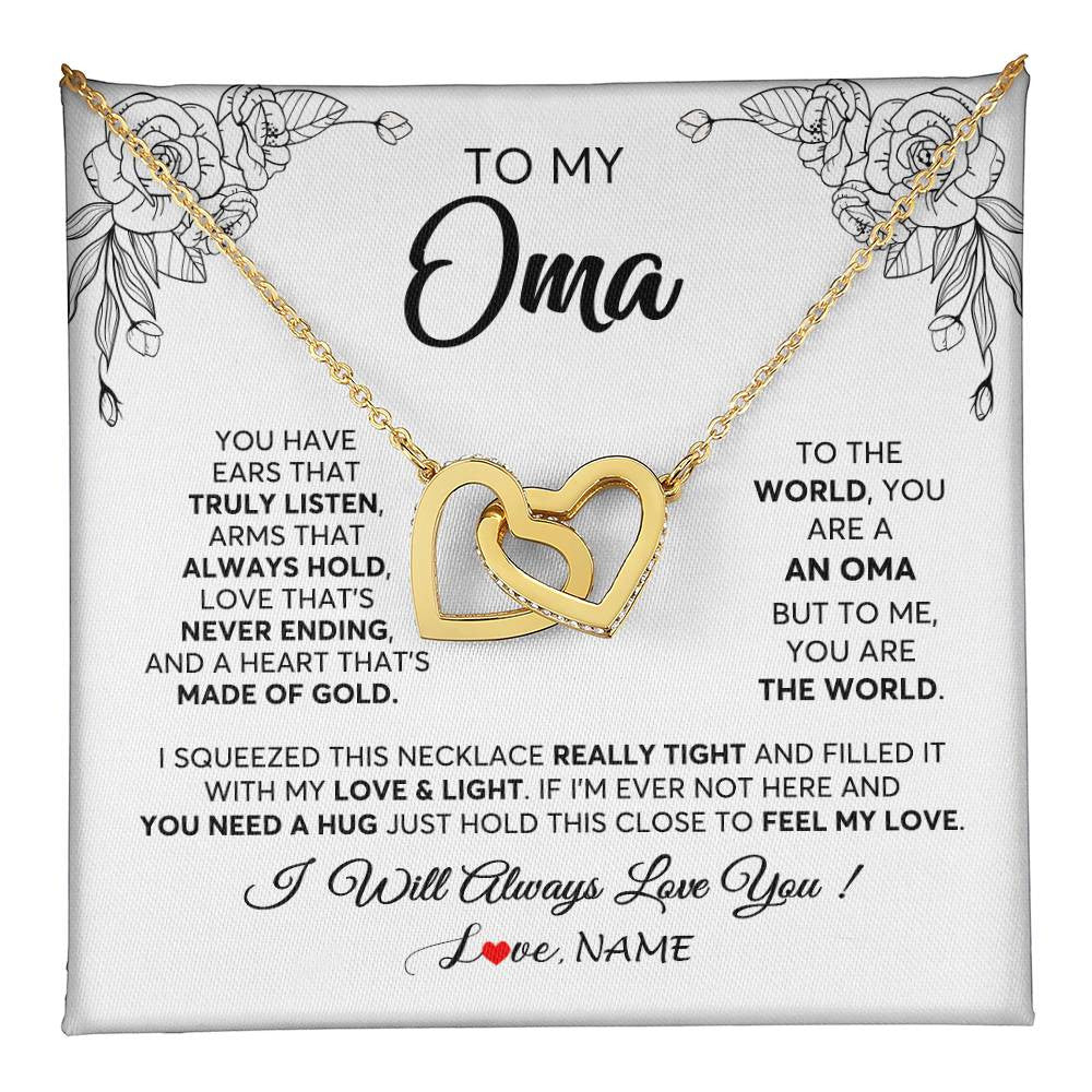 Interlocking Hearts Necklace 18K Yellow Gold Finish | 1 | Personalized To My Oma Necklace From Grandkids Granddaughter Hold This Close Feel My Love Oma Birthday Mothers Day Christmas Customized Gift Box Message Card | teecentury