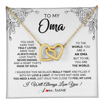 Interlocking Hearts Necklace 18K Yellow Gold Finish | 1 | Personalized To My Oma Necklace From Grandkids Granddaughter Hold This Close Feel My Love Oma Birthday Mothers Day Christmas Customized Gift Box Message Card | teecentury