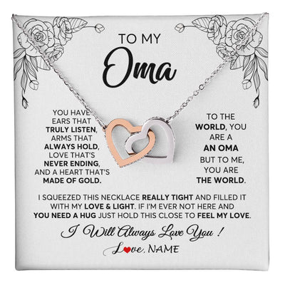 Interlocking Hearts Necklace Stainless Steel & Rose Gold Finish | 1 | Personalized To My Oma Necklace From Grandkids Granddaughter Hold This Close Feel My Love Oma Birthday Mothers Day Christmas Customized Gift Box Message Card | teecentury