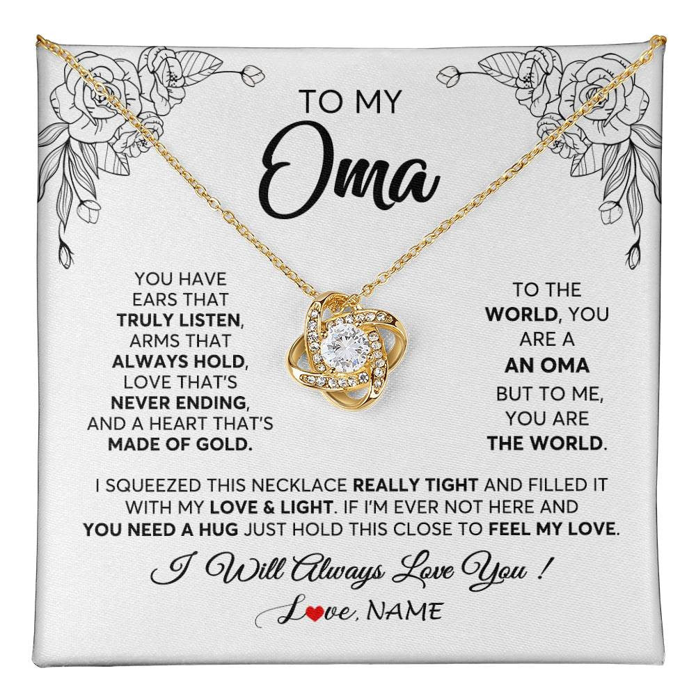 Love Knot Necklace 18K Yellow Gold Finish | 1 | Personalized To My Oma Necklace From Grandkids Granddaughter Hold This Close Feel My Love Oma Birthday Mothers Day Christmas Customized Gift Box Message Card | teecentury