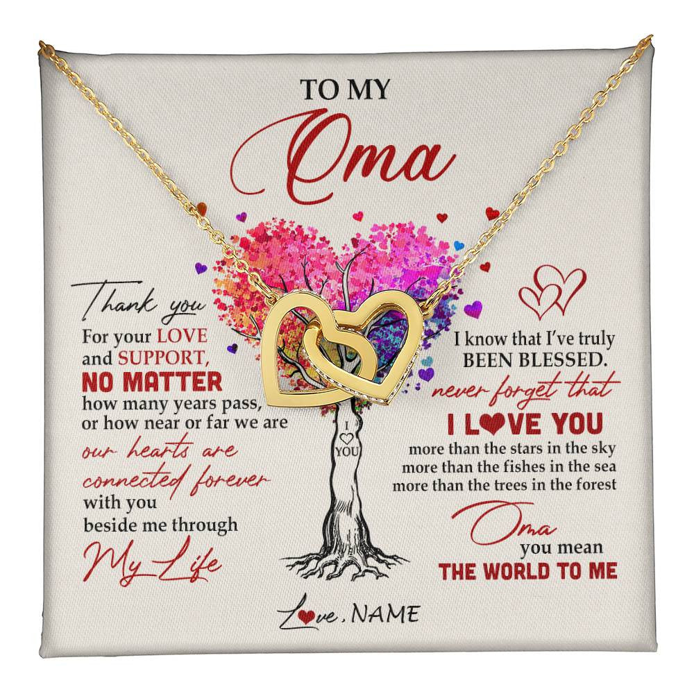 Interlocking Hearts Necklace 18K Yellow Gold Finish | 1 | Personalized To My Oma Necklace From Grandkids Never Forget That I Love You You Mean The World Oma Birthday Mothers Day Christmas Customized Gift Box Message Card | teecentury