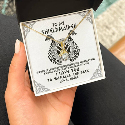 Alluring Beauty Necklace 18K Yellow Gold Finish | Personalized To My Shieldmaiden Necklace From Husband I Love You to Valhalla Viking Jewelry Women Birthday Wife Girlfriend Anniversary Customized Message Card | teecentury