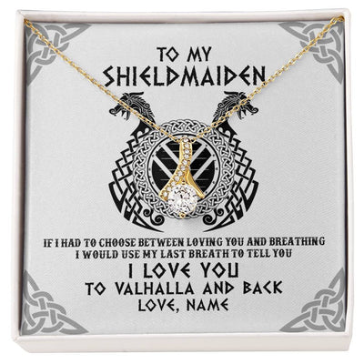 Alluring Beauty Necklace 18K Yellow Gold Finish | Personalized To My Shieldmaiden Necklace From Husband I Love You to Valhalla Viking Jewelry Women Birthday Wife Girlfriend Anniversary Customized Message Card | teecentury