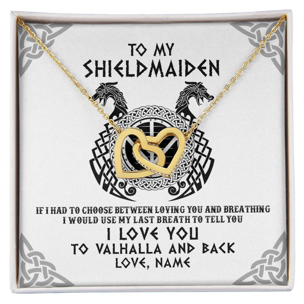 Interlocking Hearts Necklace 18K Yellow Gold Finish | Personalized To My Shieldmaiden Necklace From Husband I Love You to Valhalla Viking Jewelry Women Birthday Wife Girlfriend Anniversary Customized Message Card | teecentury