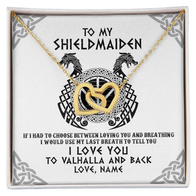 Interlocking Hearts Necklace 18K Yellow Gold Finish | Personalized To My Shieldmaiden Necklace From Husband I Love You to Valhalla Viking Jewelry Women Birthday Wife Girlfriend Anniversary Customized Message Card | teecentury