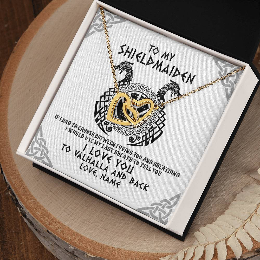 Interlocking Hearts Necklace 18K Yellow Gold Finish | Personalized To My Shieldmaiden Necklace From Husband I Love You to Valhalla Viking Jewelry Women Birthday Wife Girlfriend Anniversary Customized Message Card | teecentury