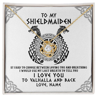 Love Knot Necklace 18K Yellow Gold Finish | Personalized To My Shieldmaiden Necklace From Husband I Love You to Valhalla Viking Jewelry Women Birthday Wife Girlfriend Anniversary Customized Message Card | teecentury