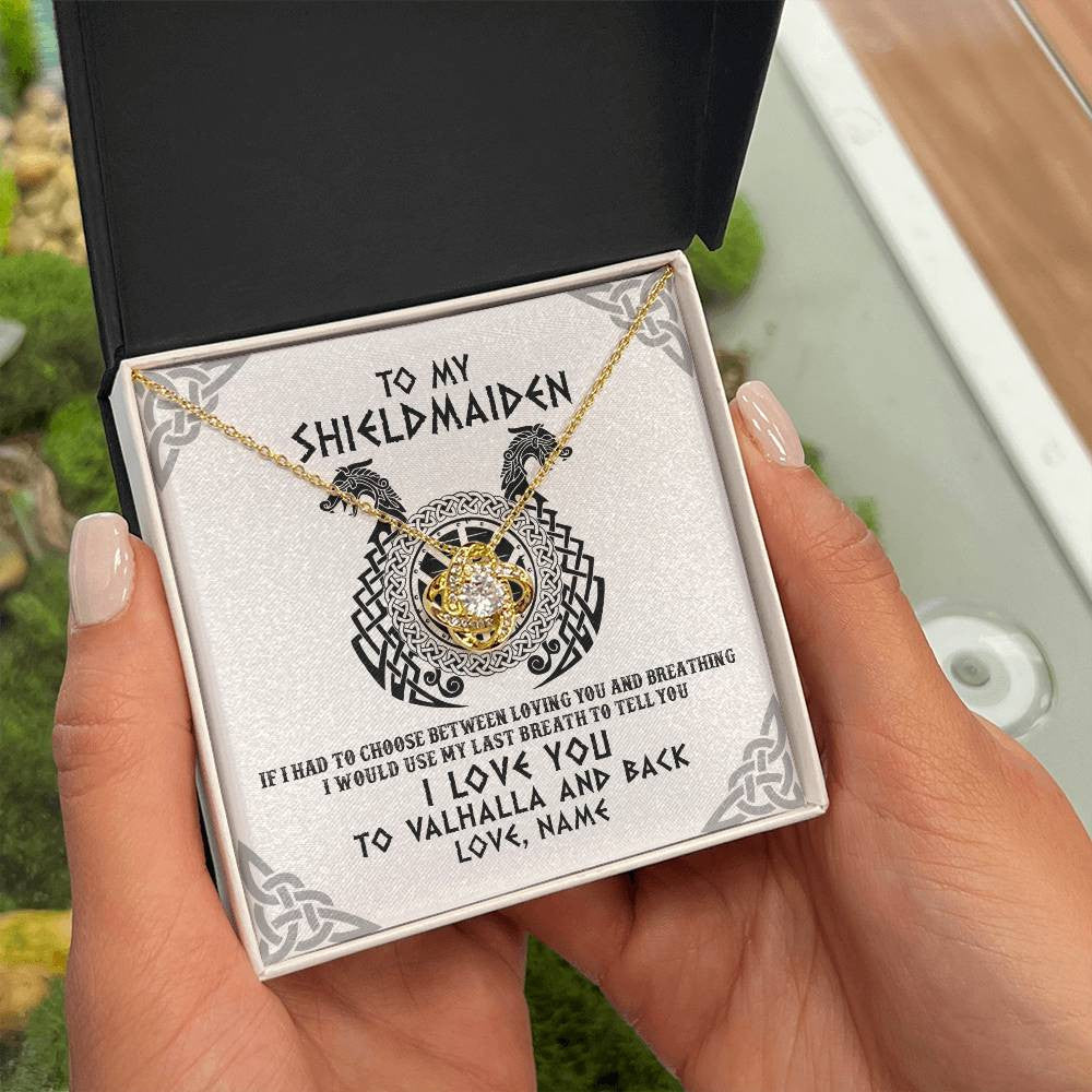 Love Knot Necklace 18K Yellow Gold Finish | Personalized To My Shieldmaiden Necklace From Husband I Love You to Valhalla Viking Jewelry Women Birthday Wife Girlfriend Anniversary Customized Message Card | teecentury