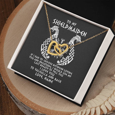 Interlocking Hearts Necklace 18K Yellow Gold Finish | Personalized To My Shieldmaiden Necklace From Viking I Love You For Wife From Husband Girlfriend From Boyfriend Birthday Valentines Day Customized Message Card | teecentury