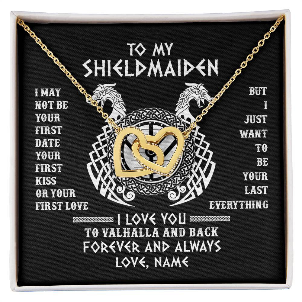 Interlocking Hearts Necklace 18K Yellow Gold Finish | Personalized To My Shieldmaiden Necklace I Love You to Valhalla and Back Viking Jewelry For Women Birthday Wife Girlfriend Anniversary Customized Message Card | teecentury
