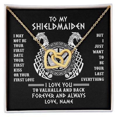 Interlocking Hearts Necklace 18K Yellow Gold Finish | Personalized To My Shieldmaiden Necklace I Love You to Valhalla and Back Viking Jewelry For Women Birthday Wife Girlfriend Anniversary Customized Message Card | teecentury