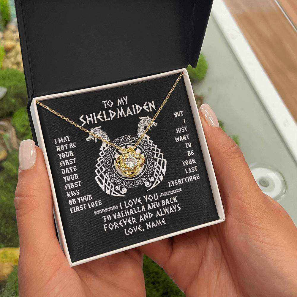 Love Knot Necklace 18K Yellow Gold Finish | Personalized To My Shieldmaiden Necklace I Love You to Valhalla and Back Viking Jewelry For Women Birthday Wife Girlfriend Anniversary Customized Message Card | teecentury