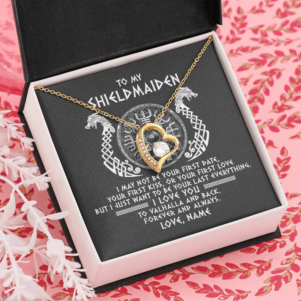 Forever Love Necklace 18K Yellow Gold Finish | Personalized To My Shieldmaiden Necklace Viking I Love You to Valhalla Jewelry For Wife Girlfriend From Husband Birthday Anniversary Customized Message Card | teecentury