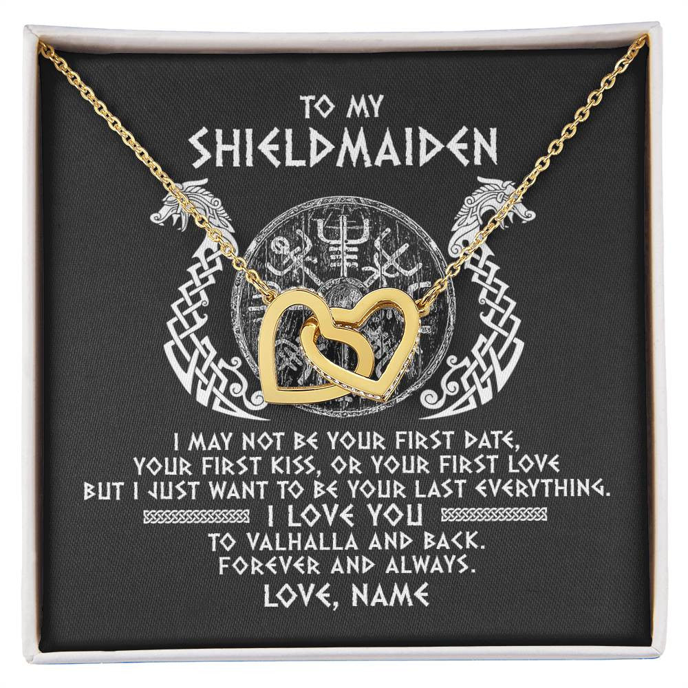 Interlocking Hearts Necklace 18K Yellow Gold Finish | Personalized To My Shieldmaiden Necklace Viking I Love You to Valhalla Jewelry For Wife Girlfriend From Husband Birthday Anniversary Customized Message Card | teecentury
